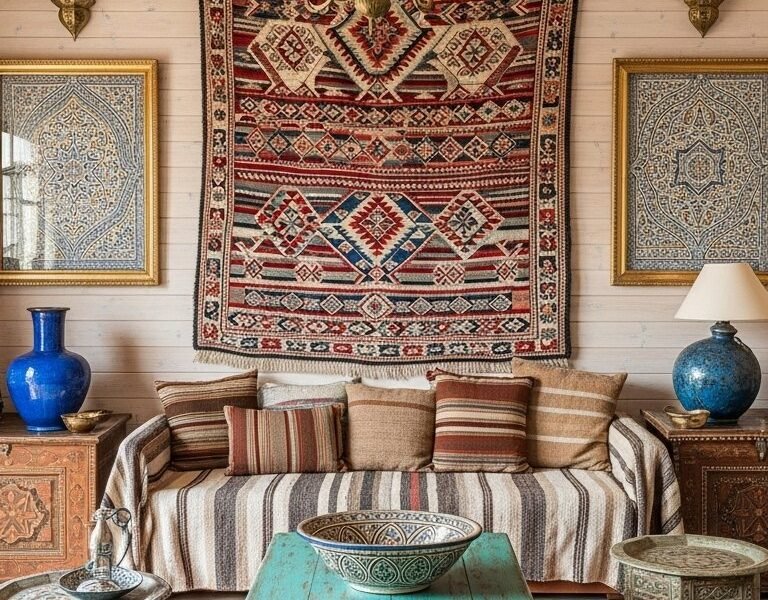 Salon marocain éclectique avec grande tenture murale berbère et table basse turquoise