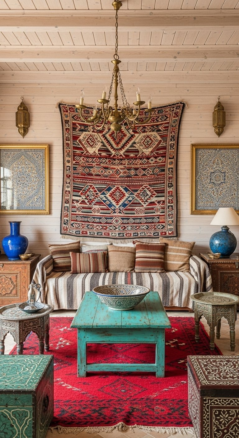 Salon marocain éclectique avec grande tenture murale berbère et table basse turquoise