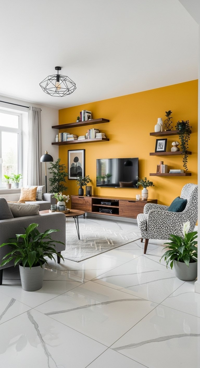 Salon moderne avec un mur d accent ocre jaune et un sol blanc brillant