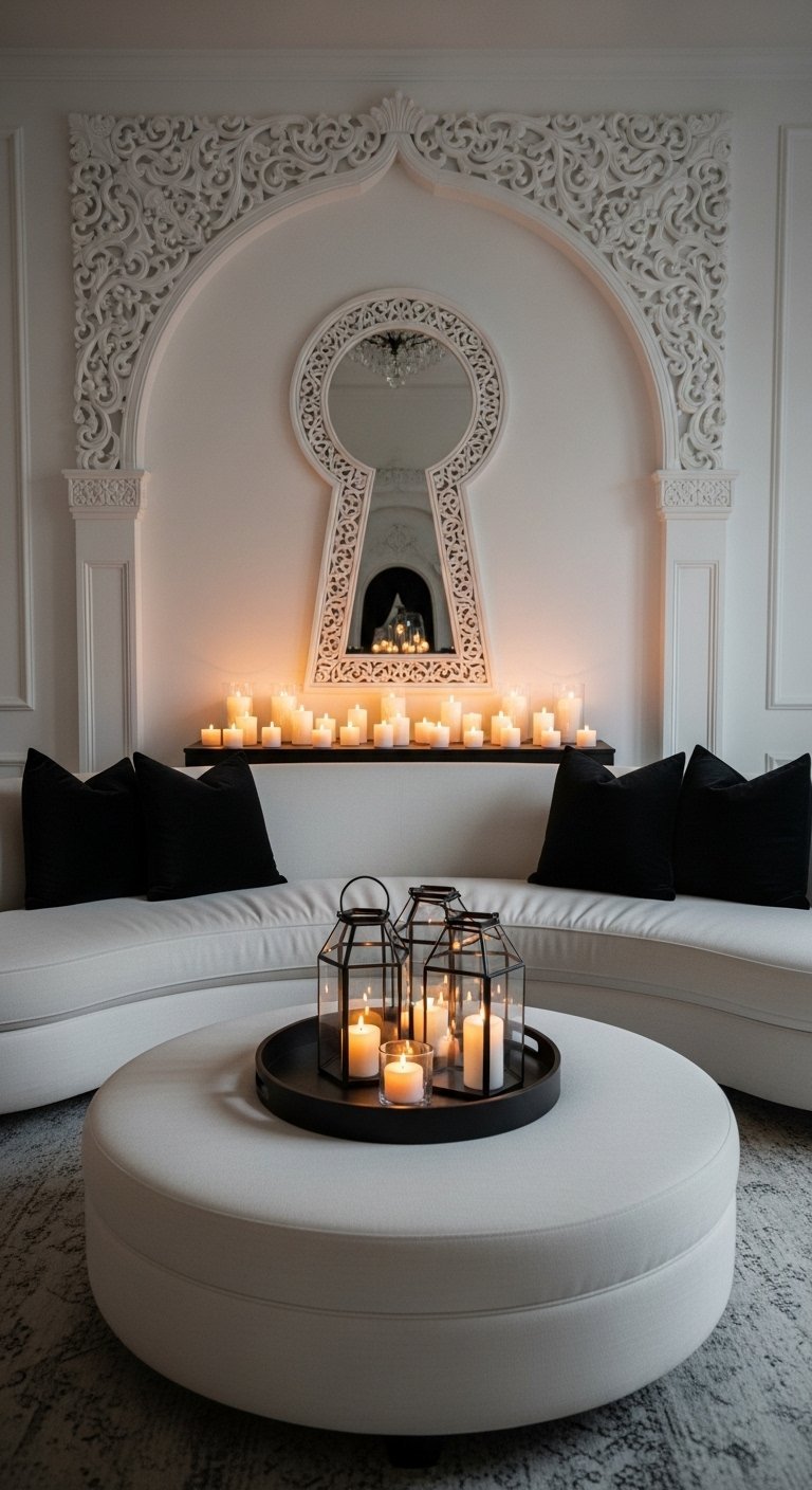 Salon romantique avec canapé blanc et de nombreuses bougies