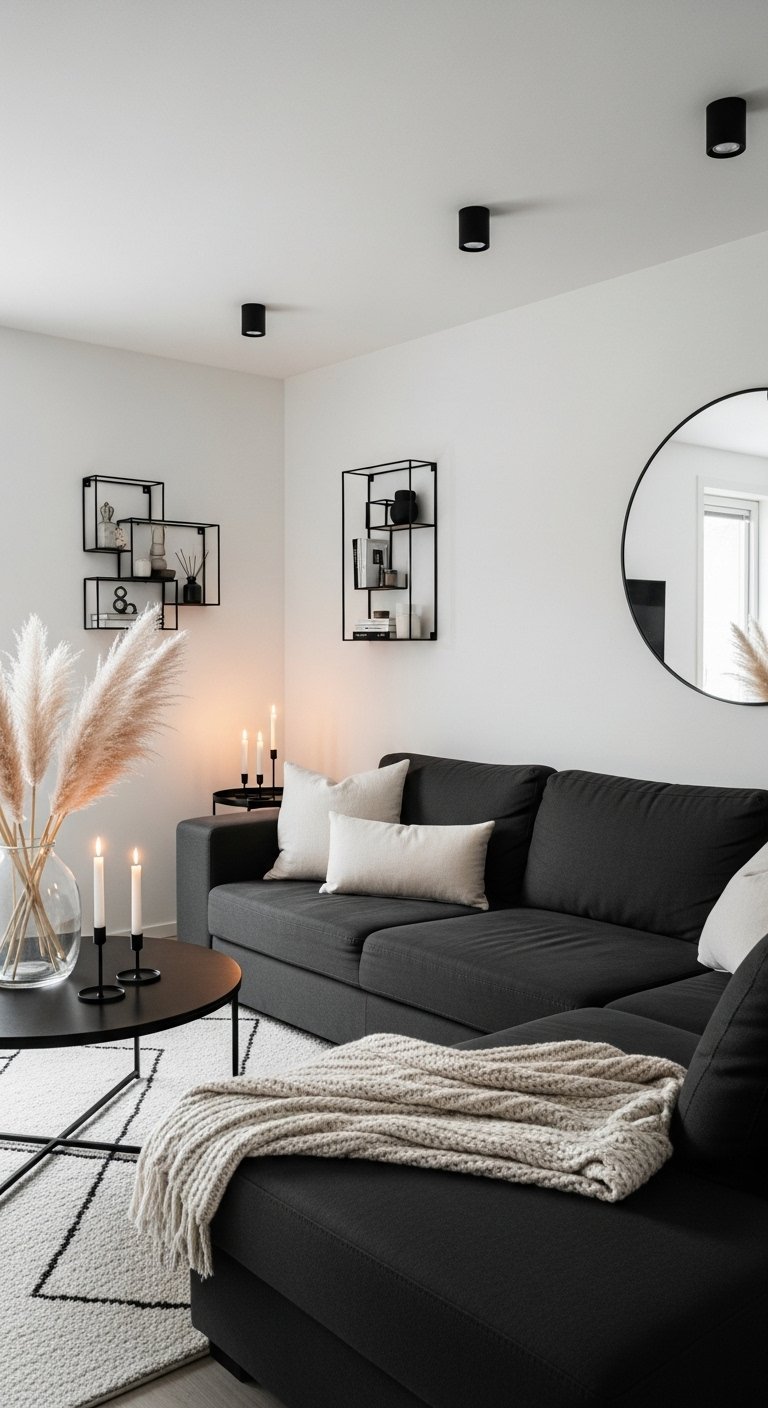 Salon scandinave avec canape gris fonce et decoration murale noire
