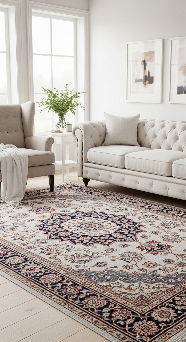 Tapis de salon traditionnel avec médaillon central dans des tons pastel de bleu et de rose