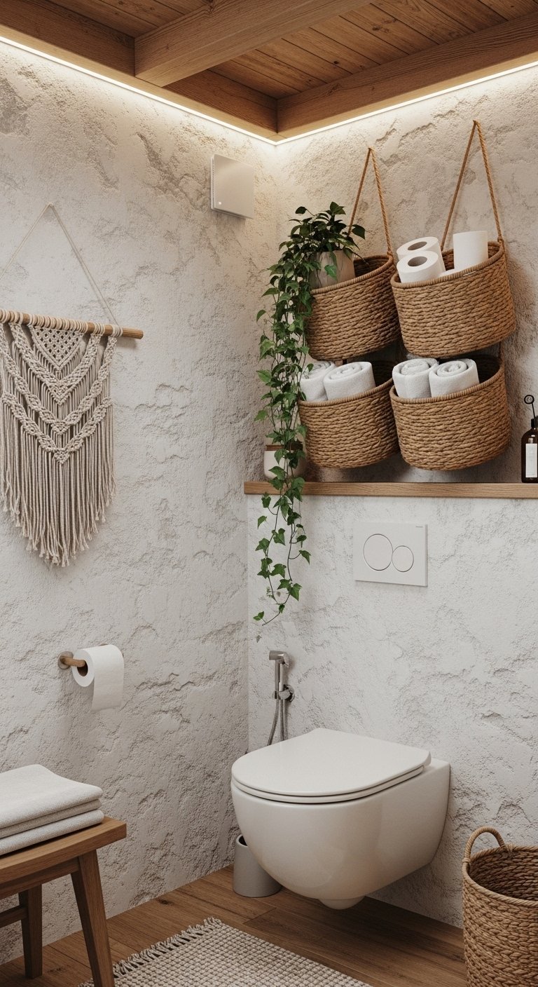 Toilettes bohemes avec mur texture et paniers suspendus en jonc de mer