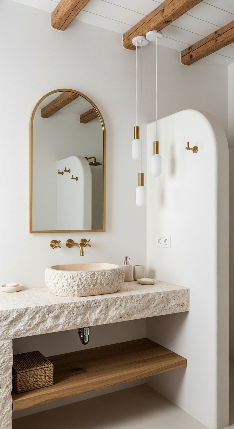 Vasque en pierre sculptee sur plan en pierre et etagere en bois