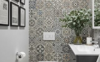WC entièrement carrelé avec des motifs imitation carreaux de ciment
