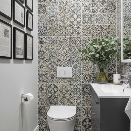 WC entièrement carrelé avec des motifs imitation carreaux de ciment