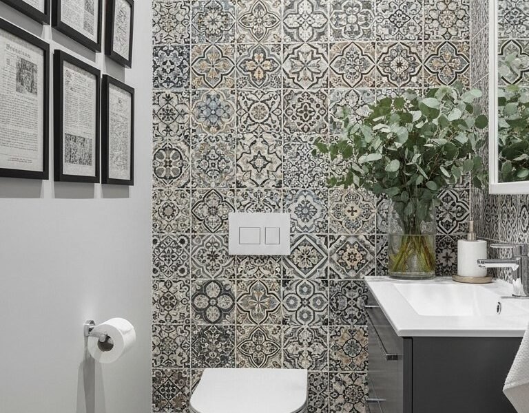 WC entièrement carrelé avec des motifs imitation carreaux de ciment