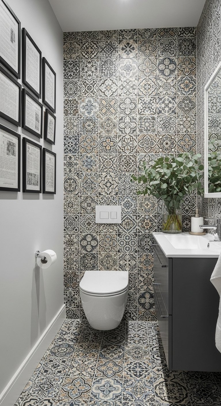 WC entièrement carrelé avec des motifs imitation carreaux de ciment