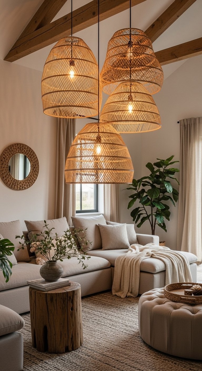 Accumulation de suspensions en rotin en forme de cloche dans un salon