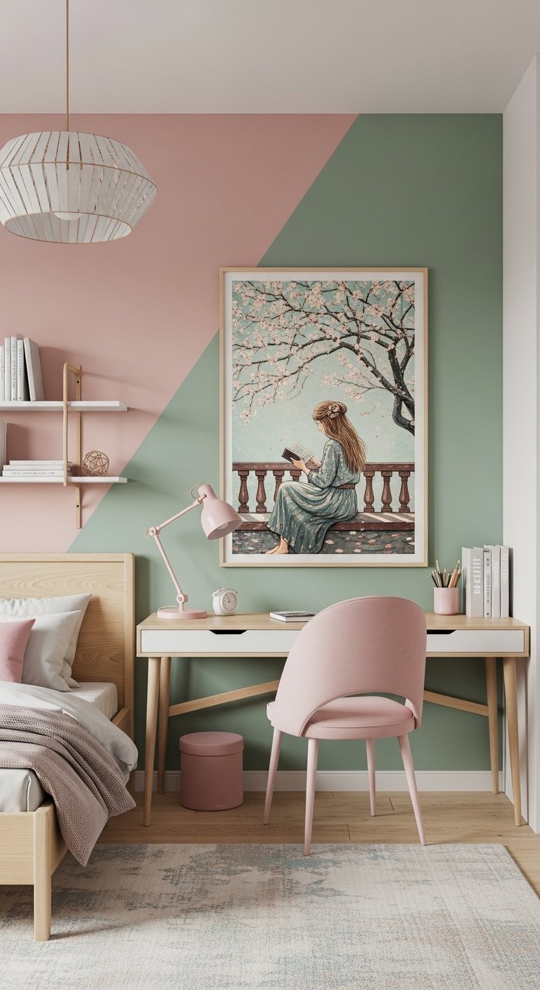 Bureau dans une chambre avec un mur peint en deux couleurs rose poudré et vert sauge