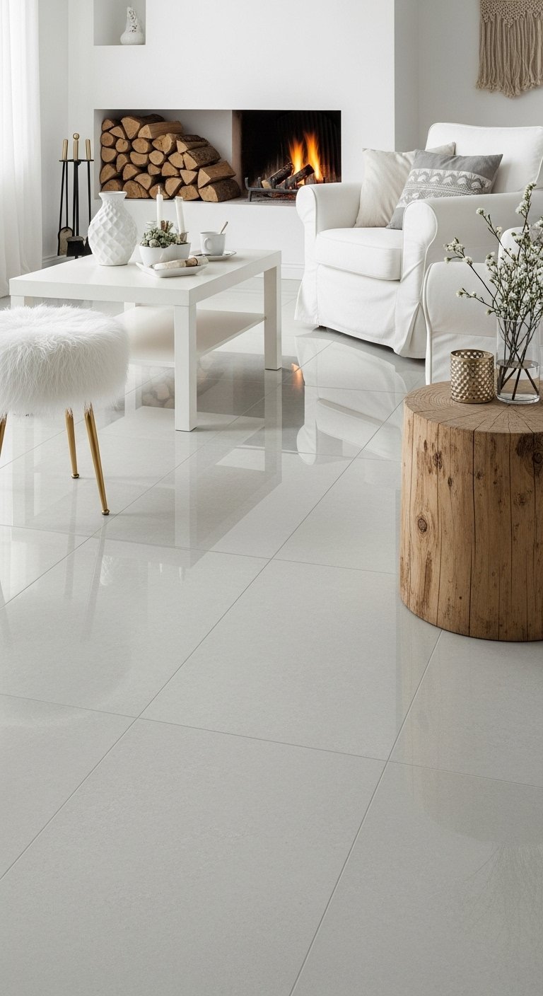 Carrelage gris perle poli et brillant dans un salon cocooning blanc