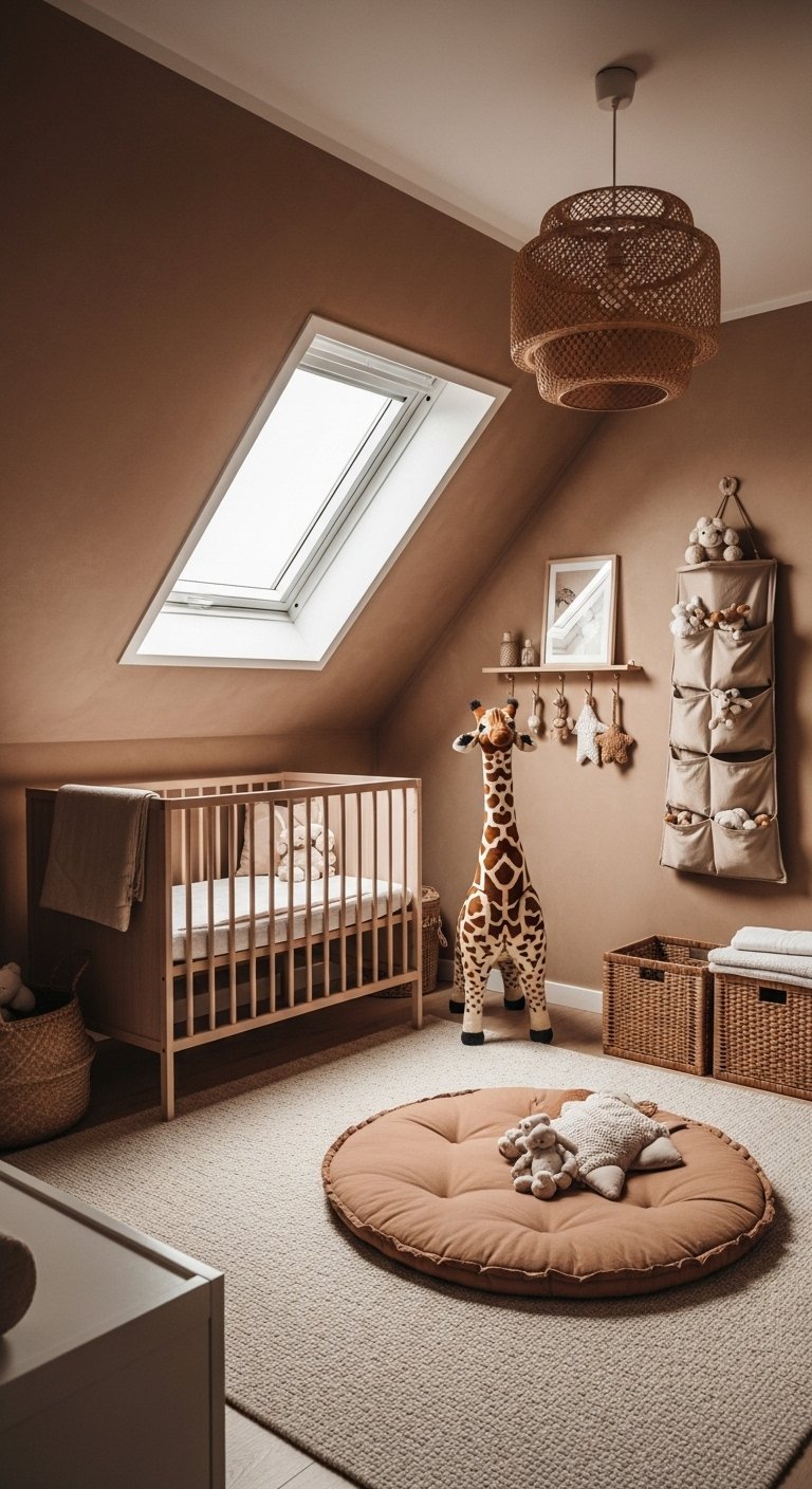 Chambre bebe naturelle sous comble avec murs marron et lit en bois
