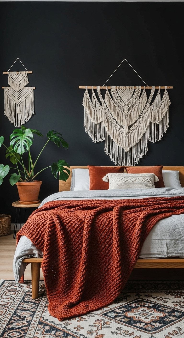Chambre boheme sombre avec mur noir et plaid terracotta