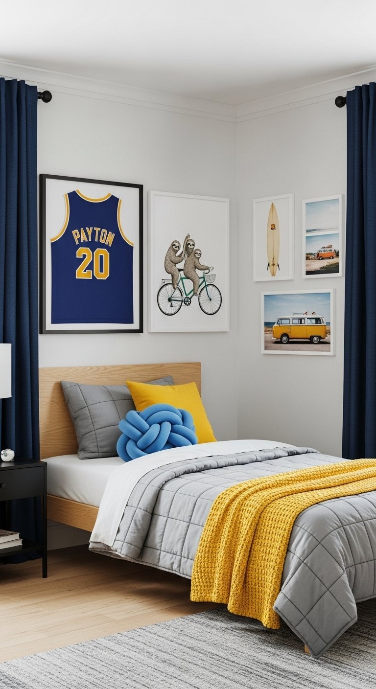 Chambre d ado avec un maillot de basket encadré et des affiches de surf