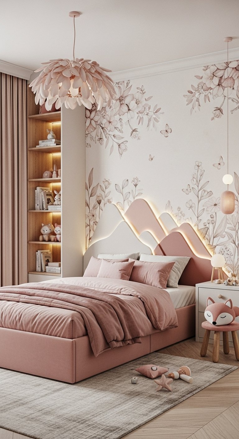 Chambre de fille rose avec tête de lit en forme de montagne lumineuse