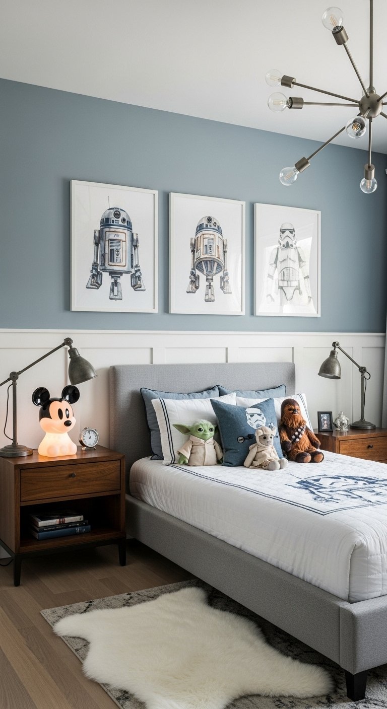 Chambre de garçon sur le thème de Star Wars avec des cadres de robots et des peluches