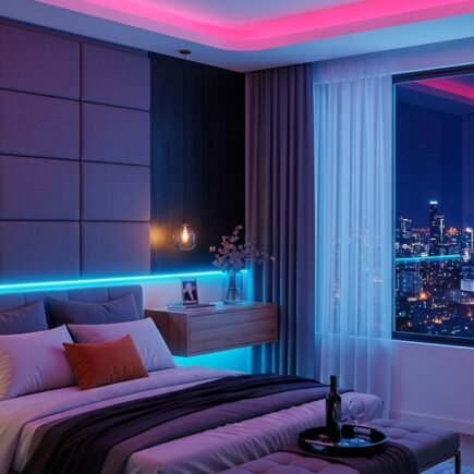Chambre de luxe avec vue sur la ville et éclairage LED bicolore rose et bleu