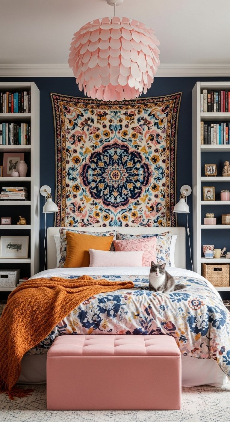 Chambre éclectique avec une grande tapisserie colorée servant de tête de lit