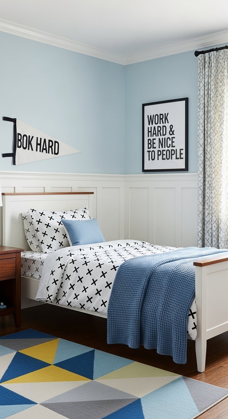 Chambre garcon moderne bleu ciel avec poster Work Hard