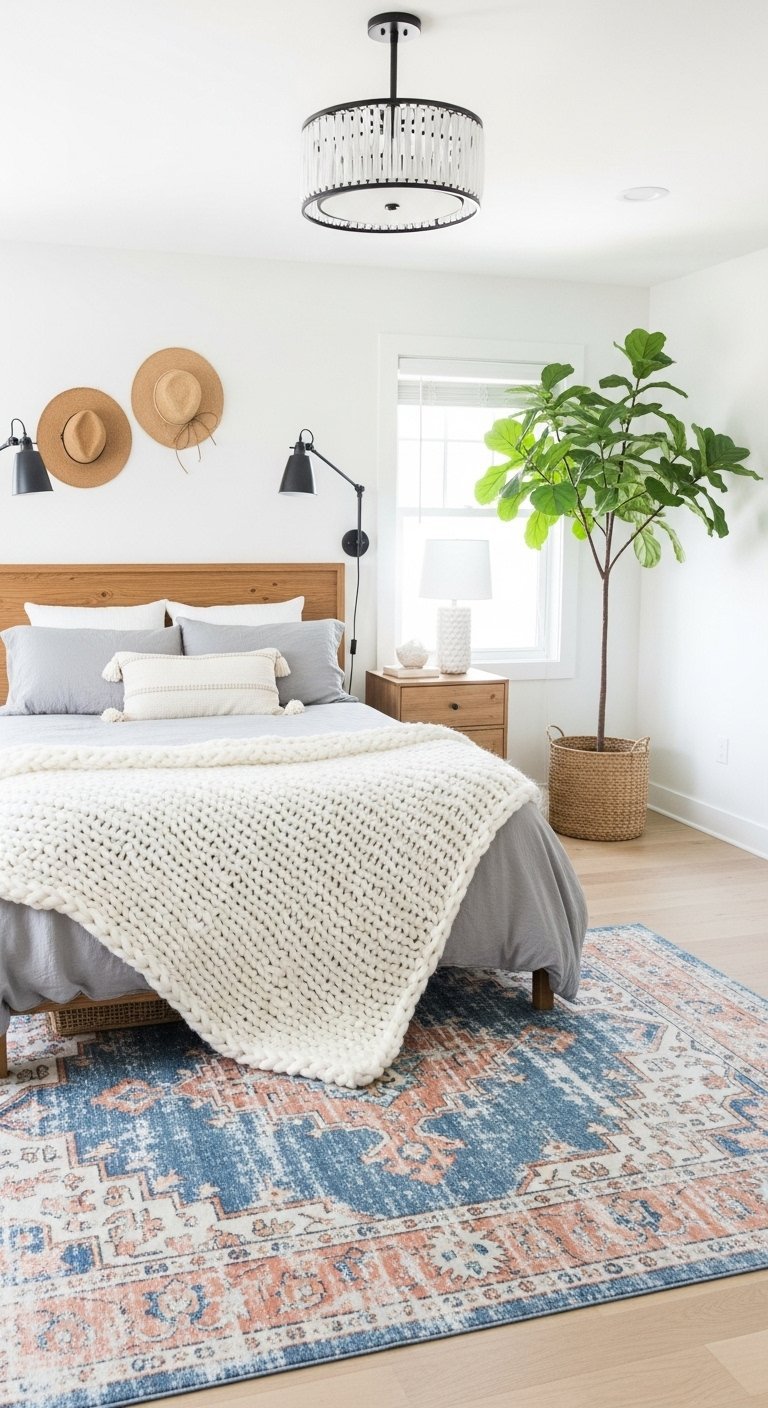 Chambre moderne avec tapis persan et grande plante verte