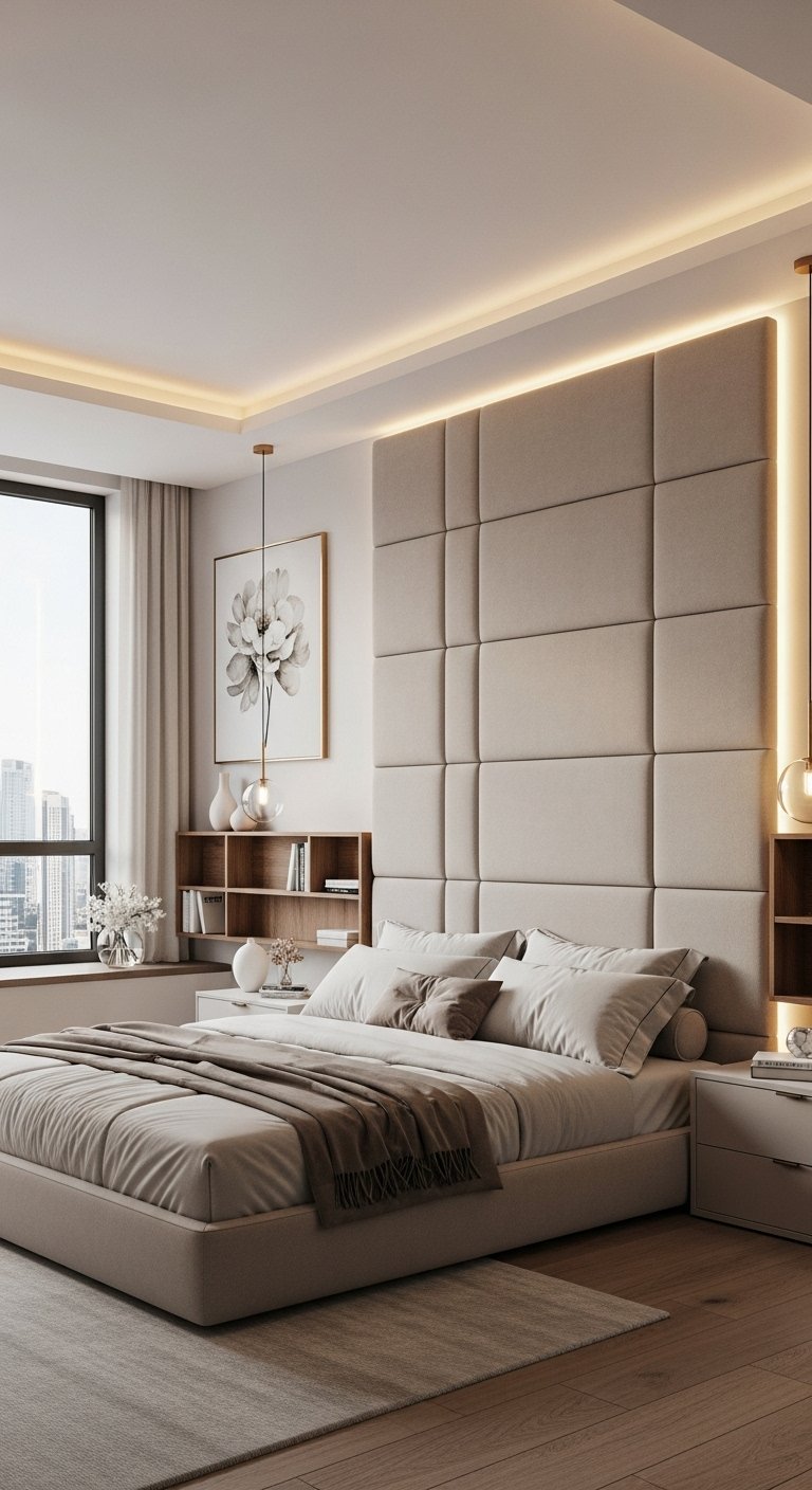 Chambre moderne avec une très grande tête de lit murale capitonnée beige