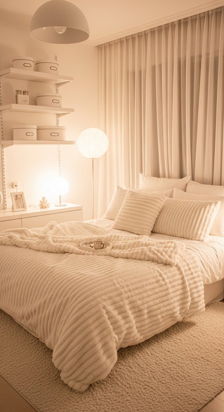 Chambre monochrome blanc crème avec une couette à texture côtelée