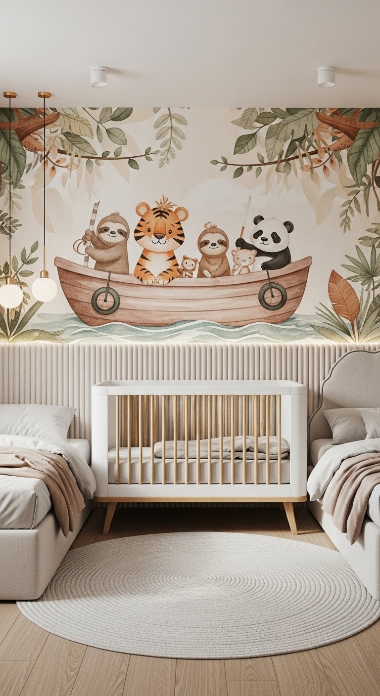 Chambre pour jumeaux avec fresque murale d animaux dans un bateau