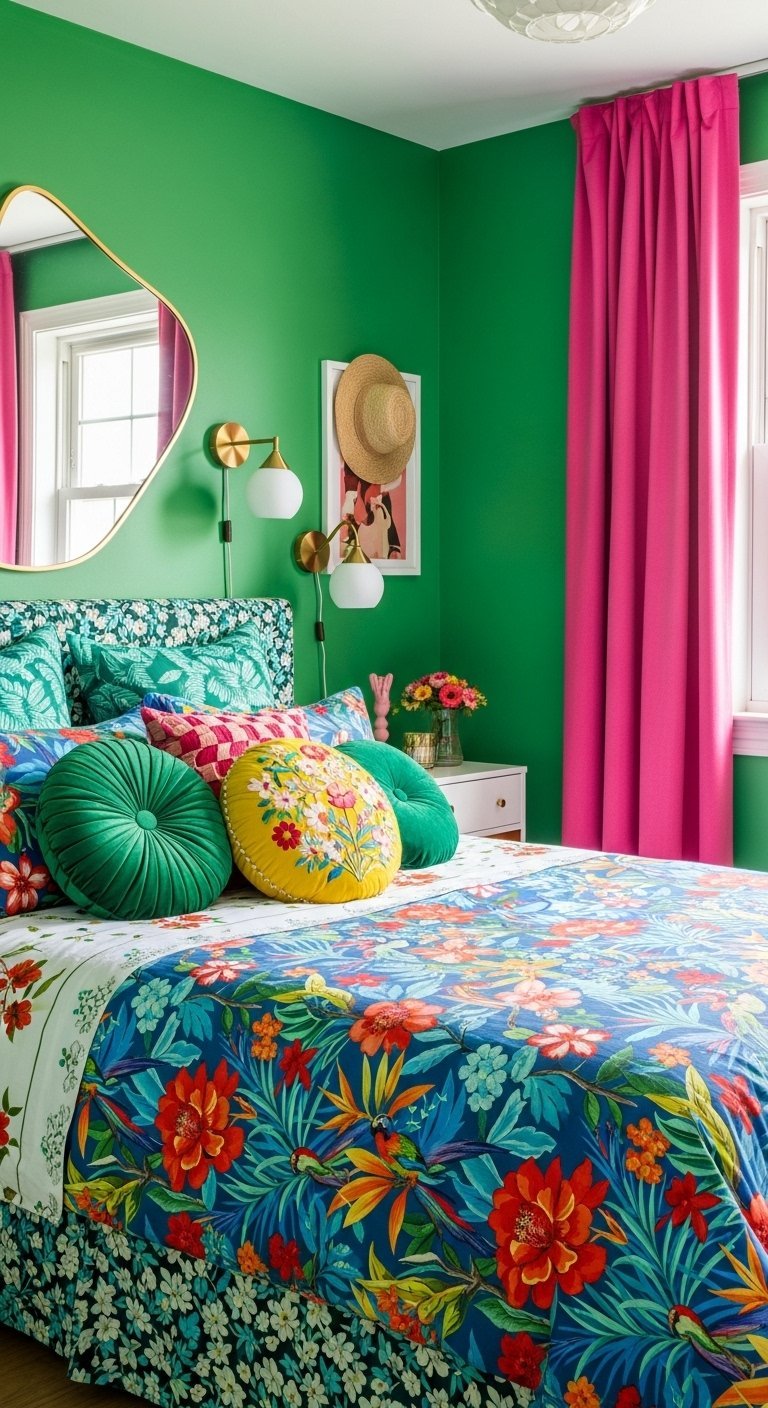 Chambre vibrante avec murs vert Kelly et rideaux rose fuchsia