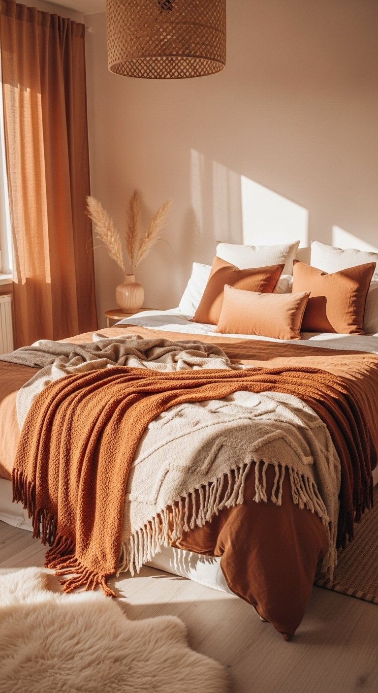 Décoration chambre femme chaleureuse aux tons terracotta baignée de lumière
