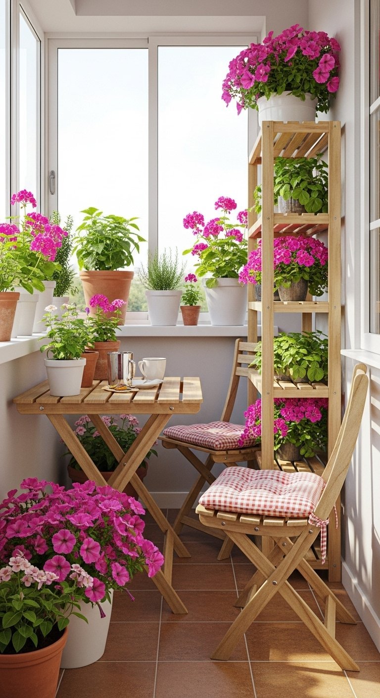 Decoration petit balcon juliette avec table pliante en bois et etagere a fleurs roses