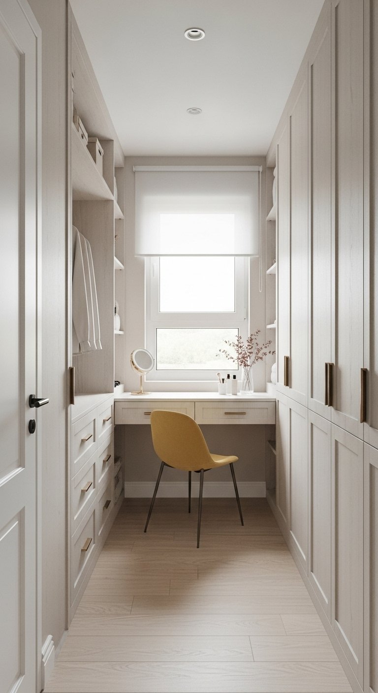 Dressing couloir en bois clair avec bureau sous la fenêtre et chaise jaune