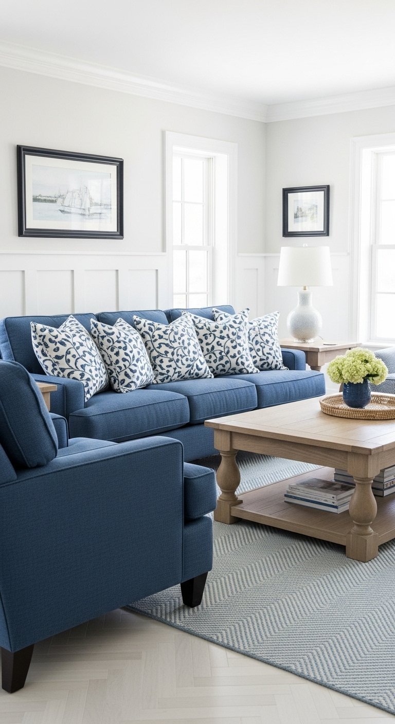 Ensemble de canapés bleus de style côtier avec une table basse en bois clair