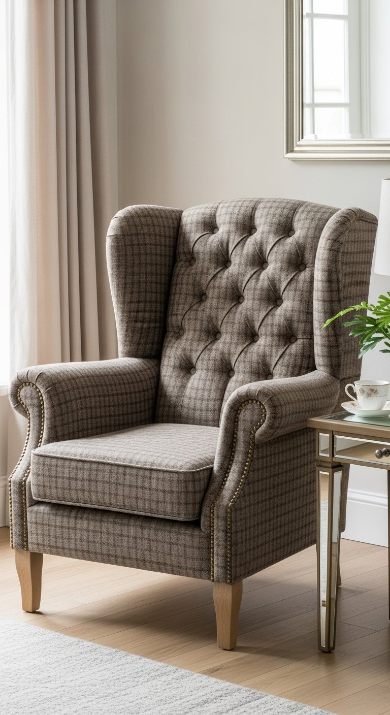 Fauteuil bergère de style anglais avec un revêtement en tissu tartan à carreaux marron
