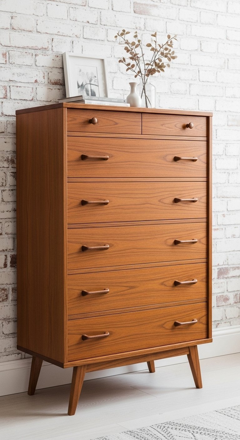 Haute commode vintage en teck avec sept tiroirs et poignées sculptées