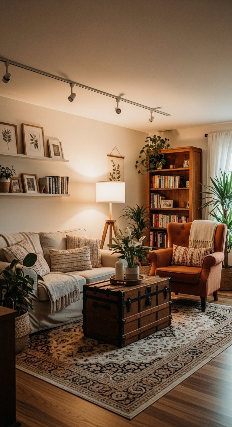 Intérieur de salon moderne et chaleureux avec un éclairage d ambiance et un fauteuil orange.