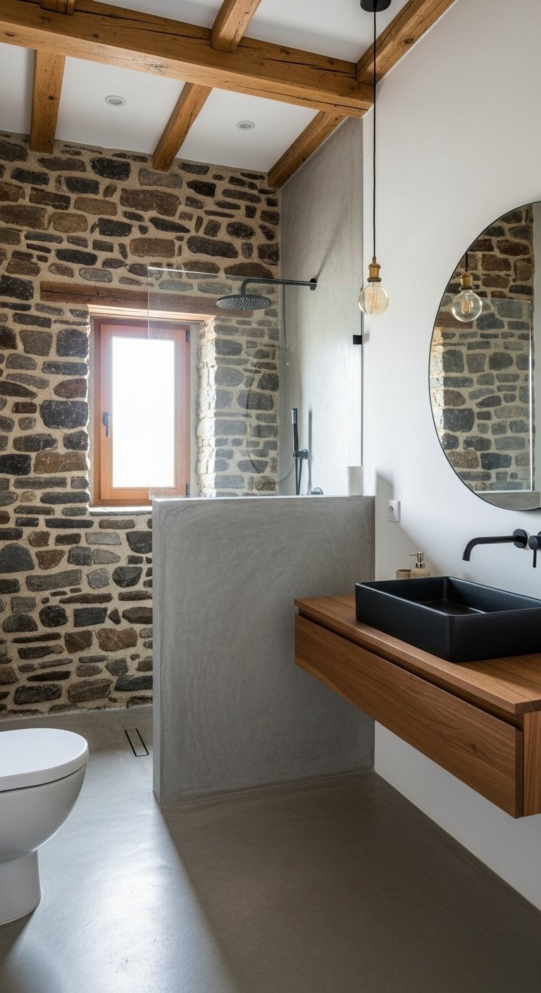 Melange de mur en pierre poutres en bois et meuble vasque moderne