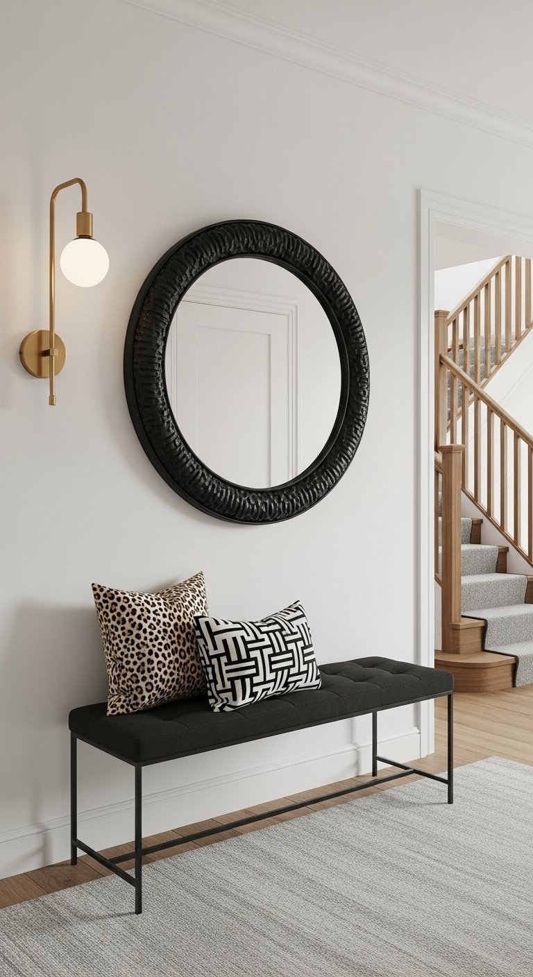 Miroir rond avec un cadre noir texturé suspendu au dessus d un banc de vestibule
