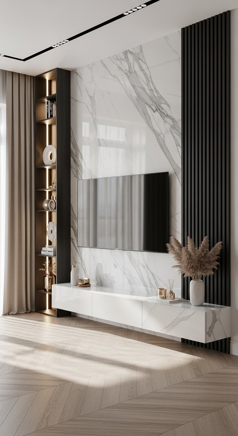 Mur TV en marbre blanc avec bibliothèque verticale noire éclairée