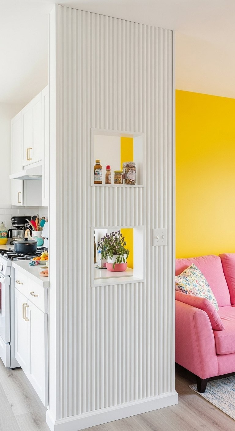 Mur de séparation blanc avec une texture cannelée et des niches décoratives carrées