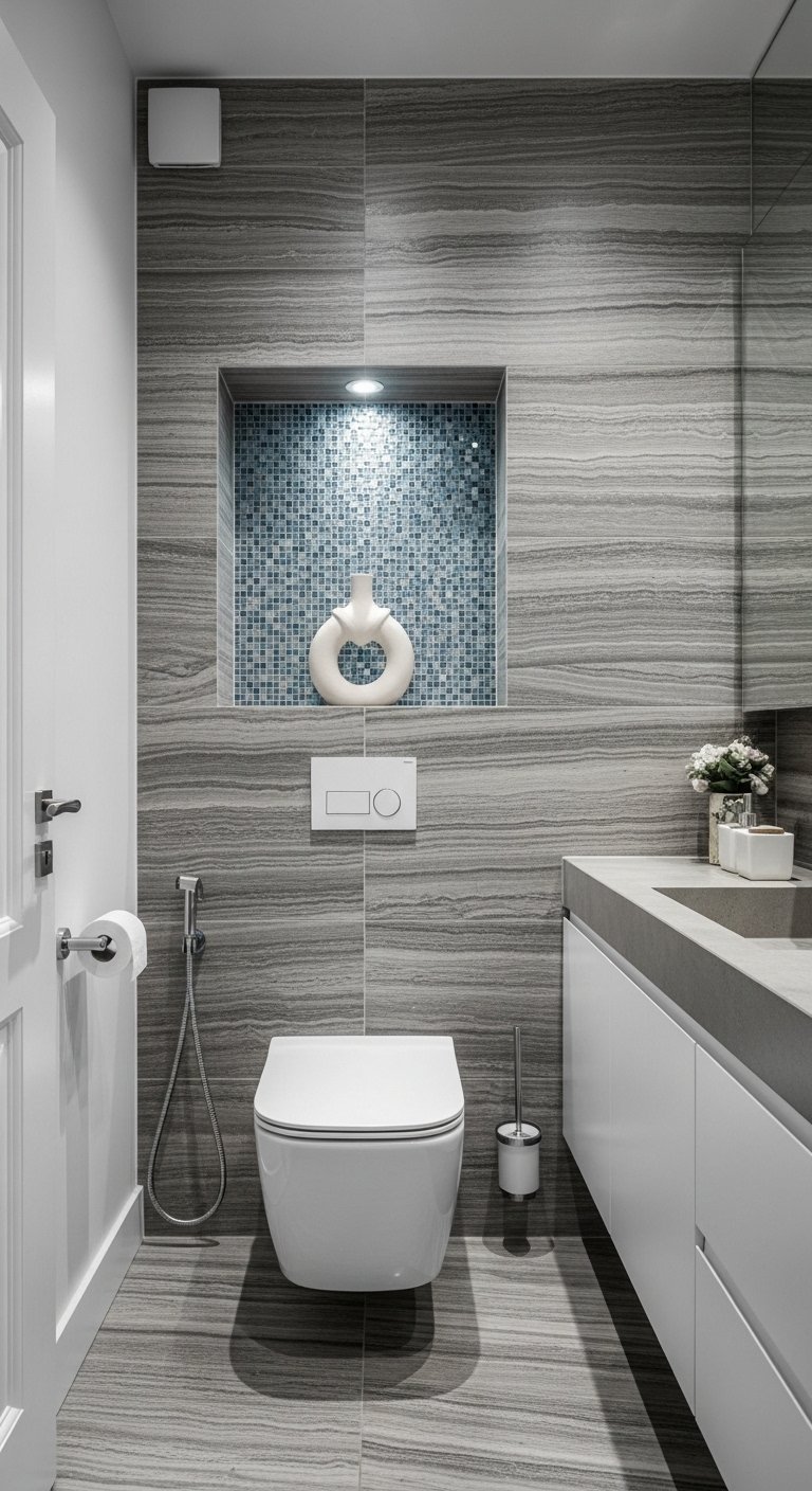 Niche murale avec mosaïque bleue au dessus de toilettes suspendues