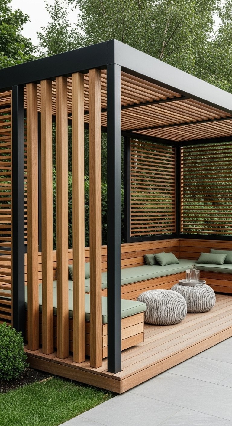 Pergola design avec parois en lattes de bois et banquette intégrée