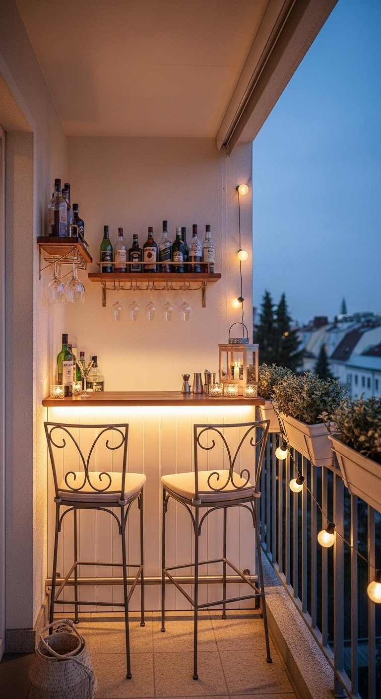 Petit bar aménagé sur un balcon avec comptoir en bois et éclairage LED