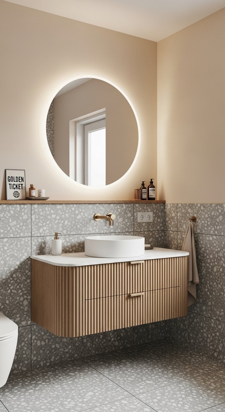Petite salle de bain tendance avec carrelage terrazzo et meuble en bois cannelé