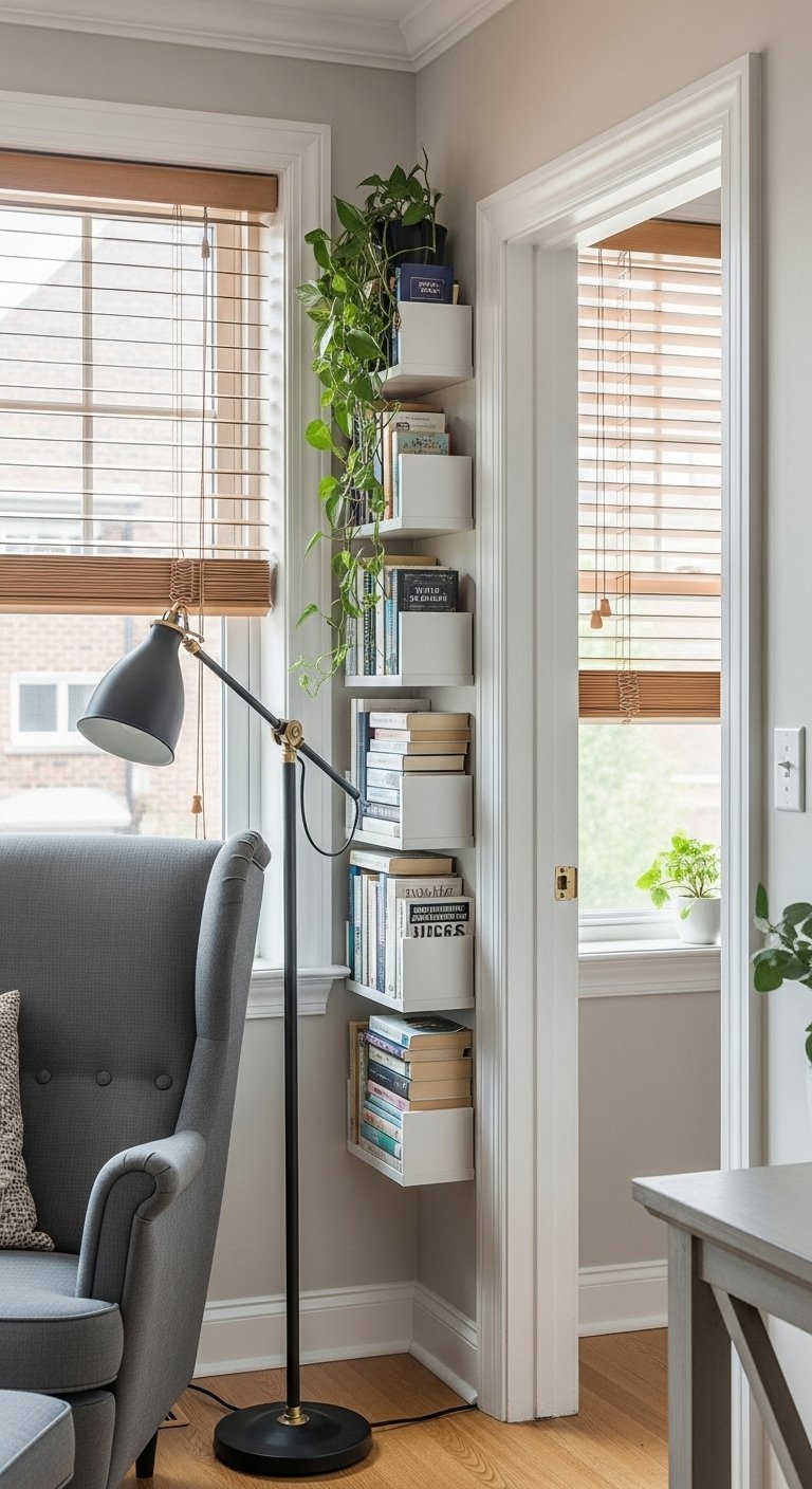 Petites étagères verticales blanches installées dans un coin étroit à côté d une porte