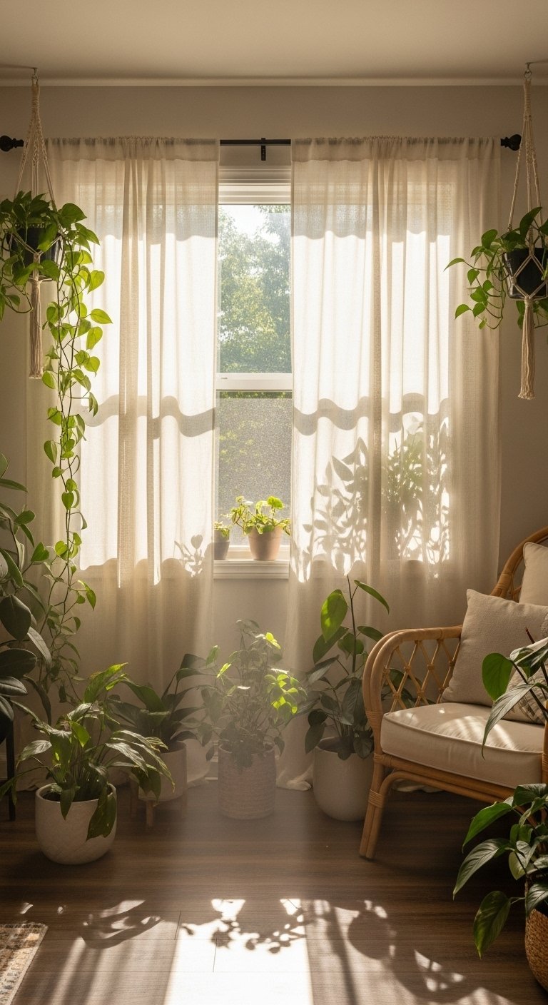 Rideaux en lin clair filtrant la lumiere du soleil dans une chambre pleine de plantes