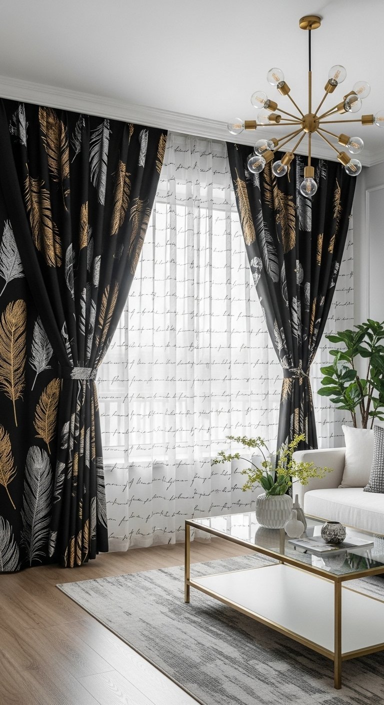 Rideaux noirs à motifs de plumes dorées et argentées avec un voilage à écritures