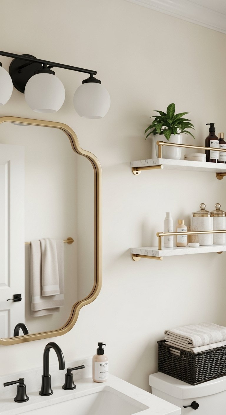 Salle de bain avec etageres en marbre et details dores et noirs