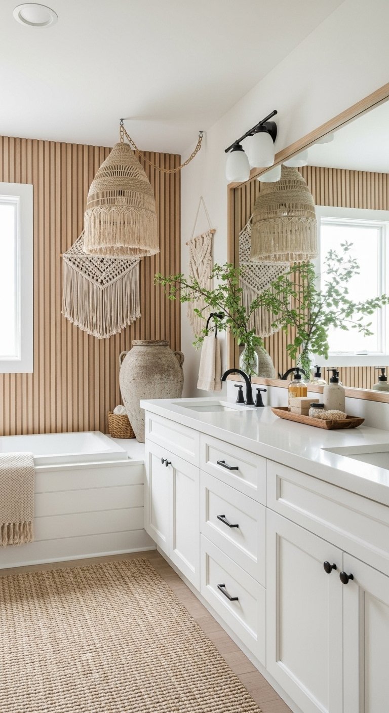 Salle de bain boheme nature avec mur en tasseaux de bois et macrame