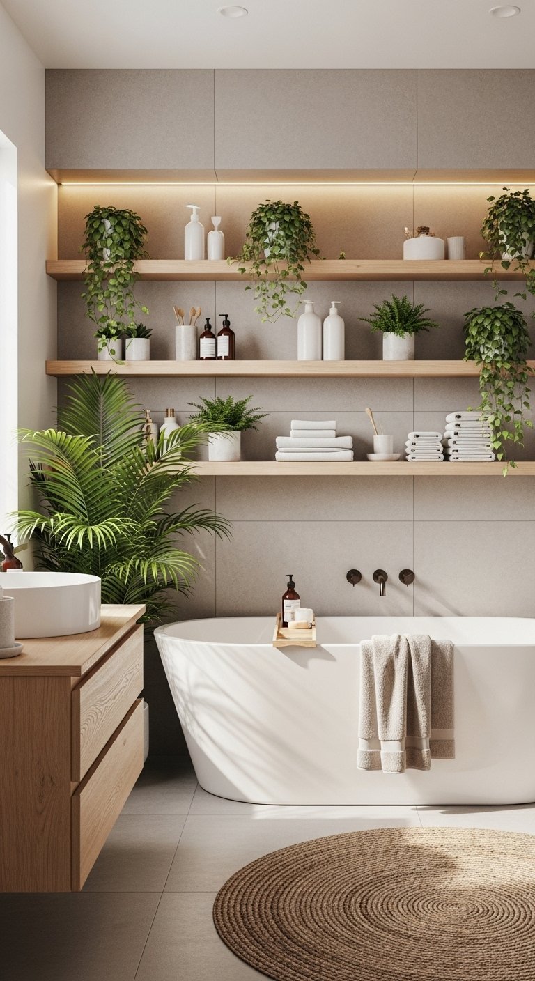 Salle de bain épurée avec baignoire îlot et étagères en bois clair