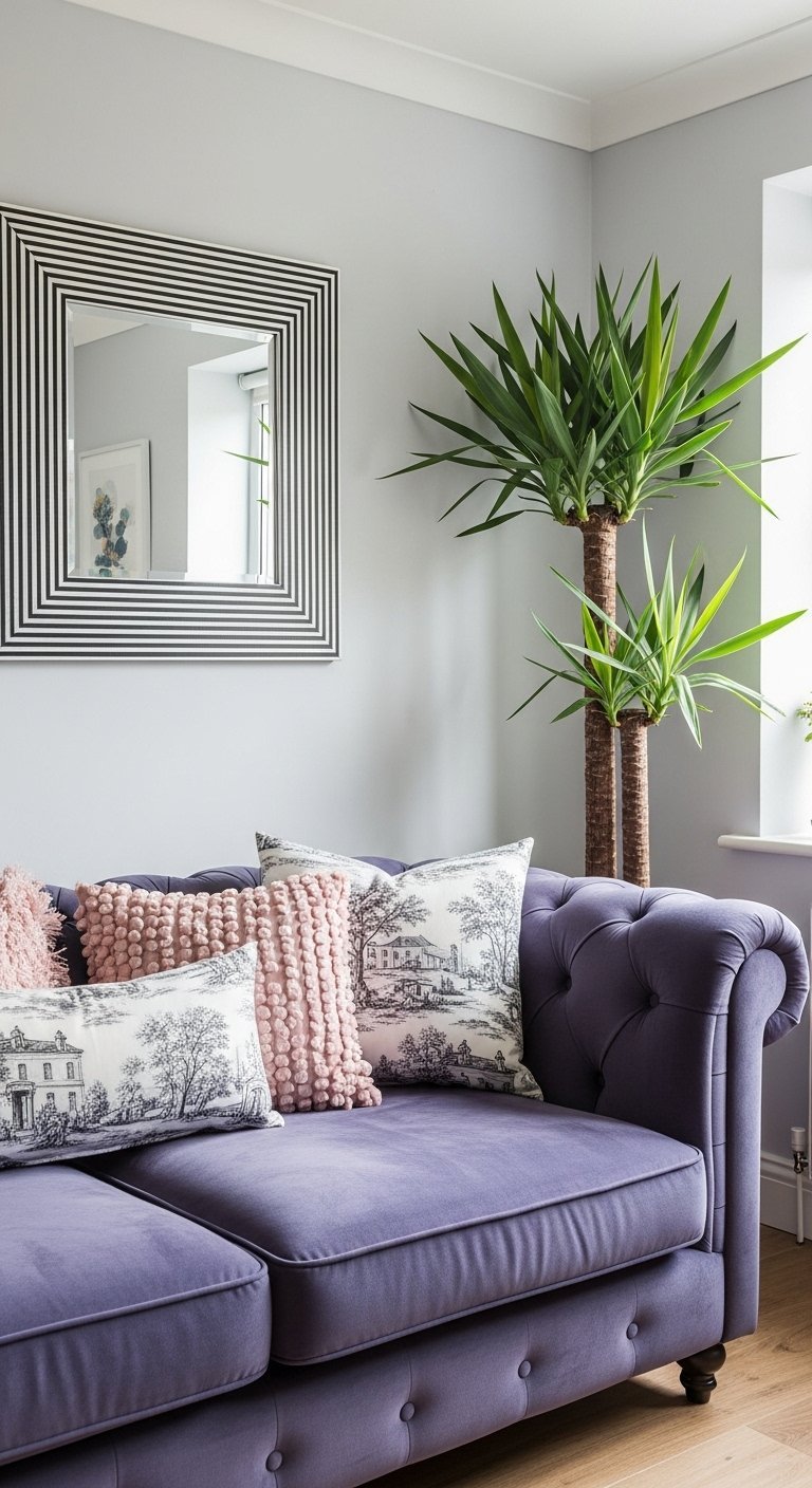 Salon avec murs gris perle et un canape en velours violet